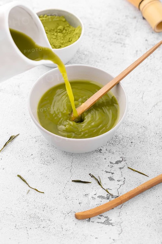 Close up bowl with tasty matcha tea