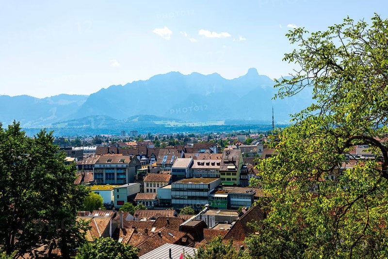 Aerial View over City of Thun with Mountain in a Sunny Day in Bernese Oberland