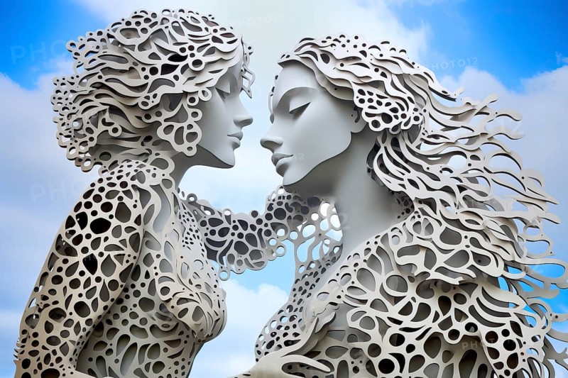 Surrealist white bionic metallic women creatures