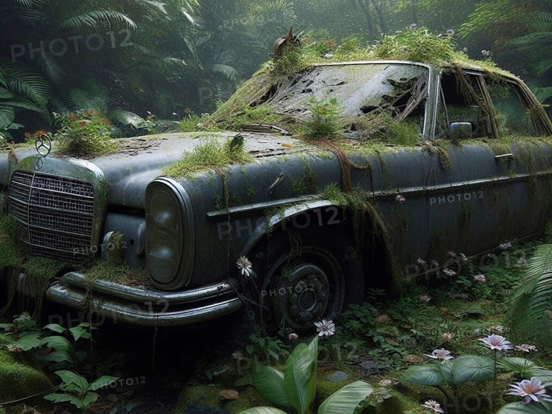 Abandoned rusty expensive atmospheric deluxe sedan car limo as circulation banned for co2 emission 2030 agenda