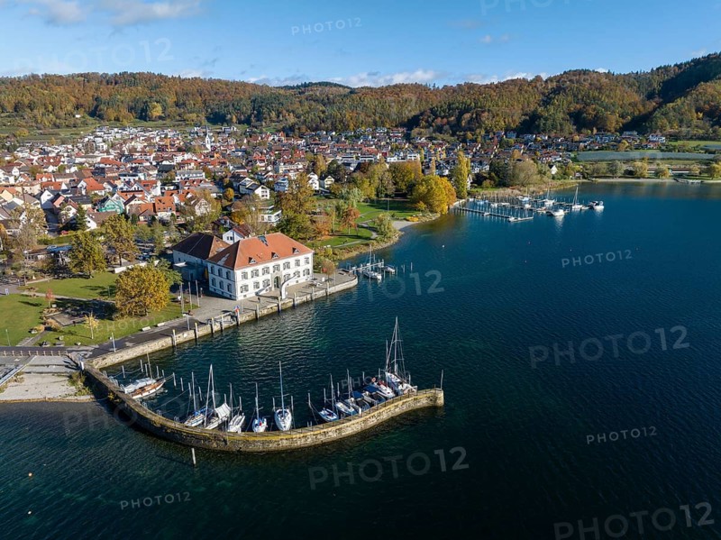 Aerial view of Lake Constance with the municipality of Bodman-Ludwigshafen with the marina and old customs house