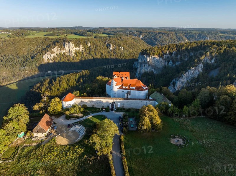 Aerial view of Wildenstein Castle near Leibertingen in the morning sun