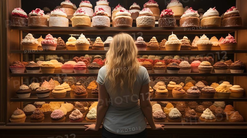 Young adult woman standing amid towering shelves of delicious pastries cakes and baked goods. generative AI