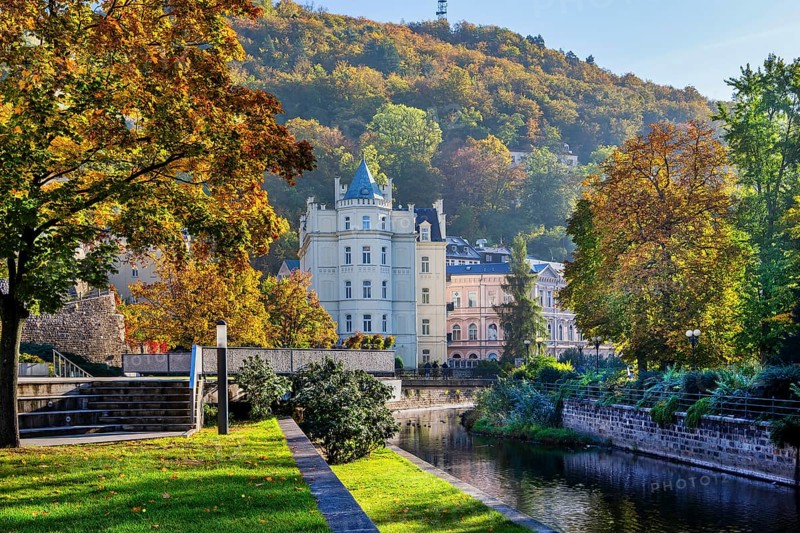 Historic Hotel Pavlov on the banks of the Tepla in autumn