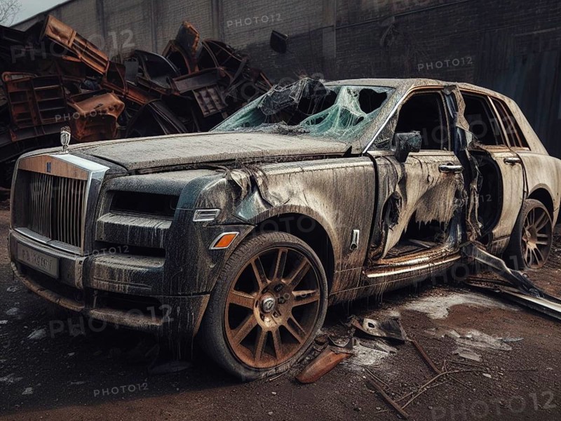 Crashed abandoned rusty expensive atmospheric suv as circulation banned for co2 emission 2030 agenda dystopian concept ai generated