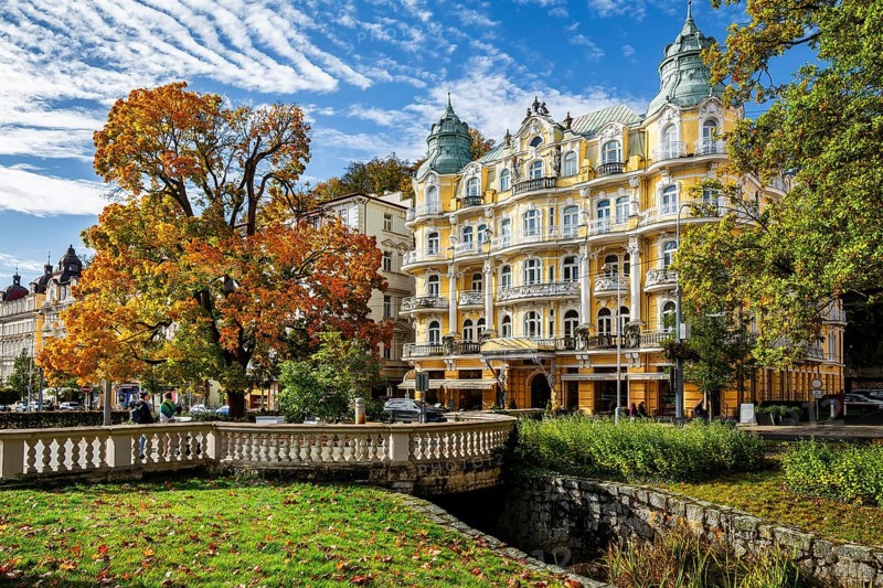 Historic Hotel Bohemia by the autumnal spa park
