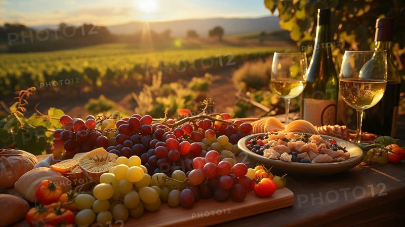 Bountiful display of agricultural abundance colorful vegetables and organic fresh fruits at harvest time outdoors amongst the country vineyards. generative AI