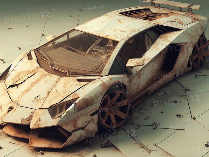 Crashed abandoned rusty expensive atmospheric car as circulation banned for co2 emission 2030 agenda dystopian concept ai generated