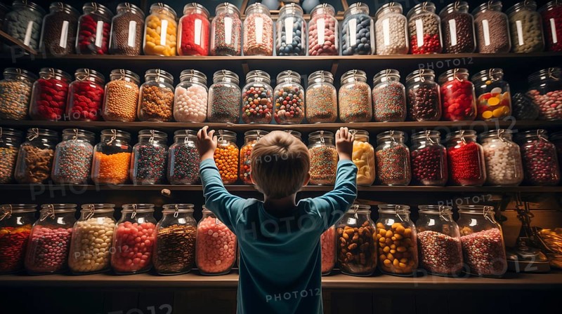Back view of a small child walking amidst a bountiful display of glass candy jars at a market filled with endless varieties of colorful confections and an abundant selection of sweet treats. generative AI