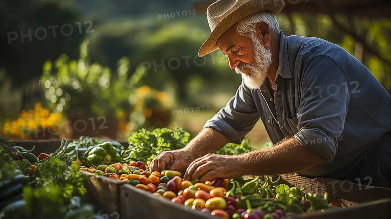 Bearded farmer tending to his fresh and bountiful produce harvest crates. generative AI