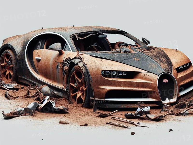 Crashed abandoned rusty expensive atmospheric car as circulation banned for co2 emission 2030 agenda dystopian concept ai generated