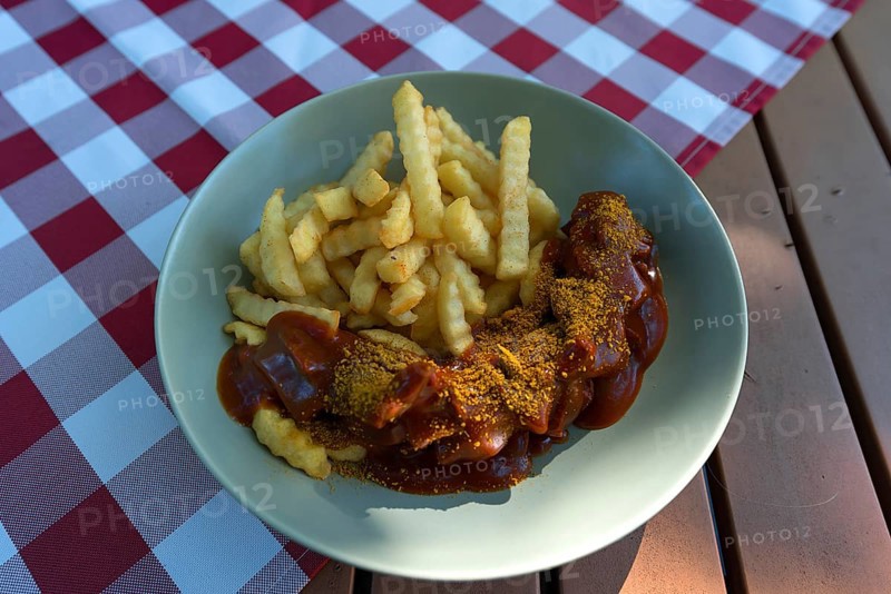 Currywurst with French fries served in a garden restaurant