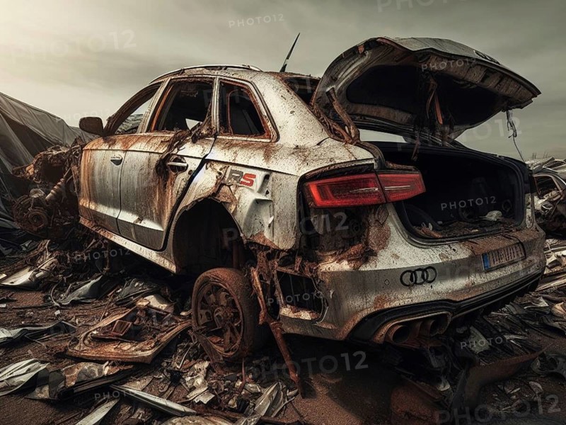 Crashed abandoned rusty expensive luxurious atmospheric 4 door powerful as circulation banned for co2 emission 2030 agenda dystopian concept ai generated
