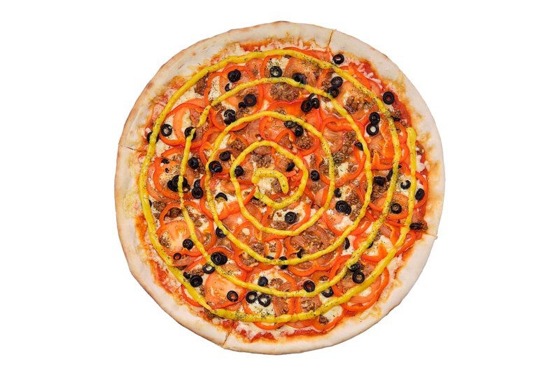 Top view of pizza with minced beef meat