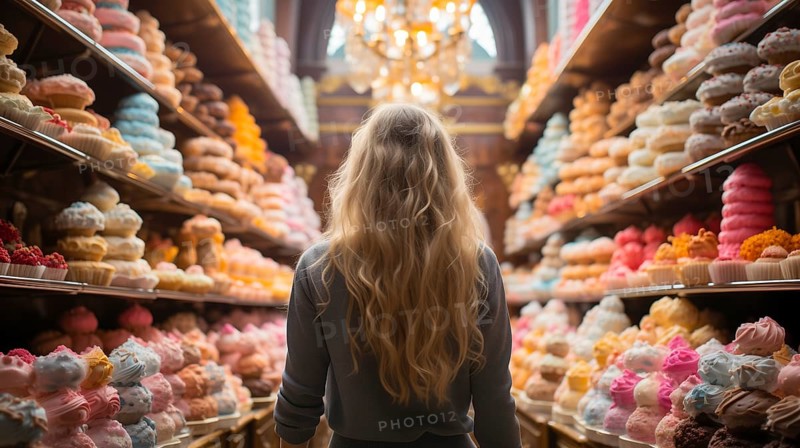 Young adult woman standing amid towering shelves of delicious pastries. generative AI