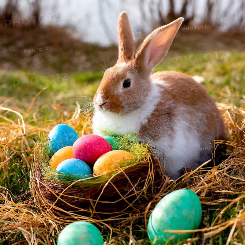 The Easter bunny sits at a nest with Easter eggs