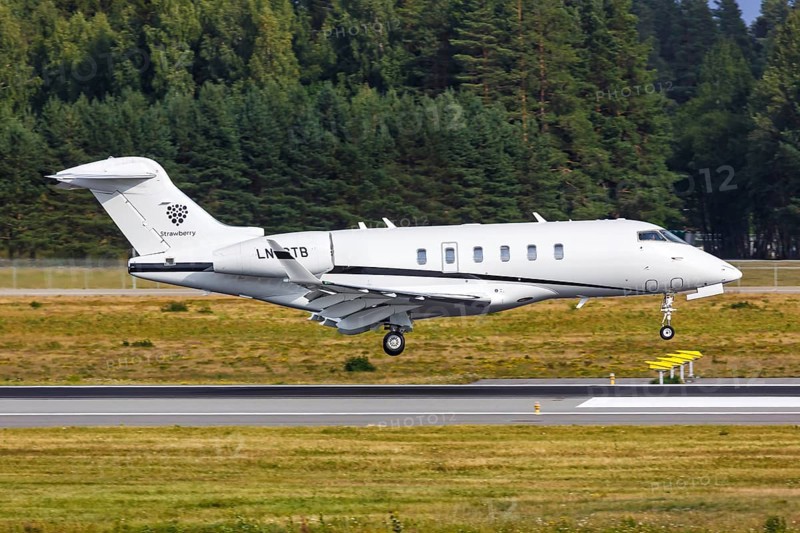A Bombardier Challenger 350 aircraft operated by Strawberry Sundt Air with the registration LN-STB at Oslo Gardermoen Airport