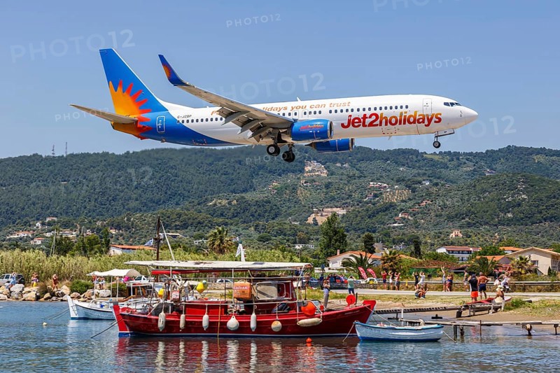 A Boeing 737-800 Jet2 aircraft with registration G-JZBP at Skiathos Airport