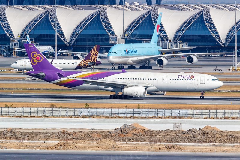 A Thai Airways Airbus A330-300 aircraft with the registration HS-TEO at Bangkok Suvarnabhumi Airport