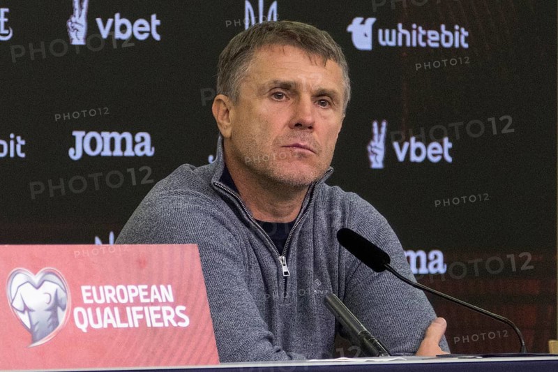 Coach Serhiy REBROV Ukraine pensive at the post-match press conference