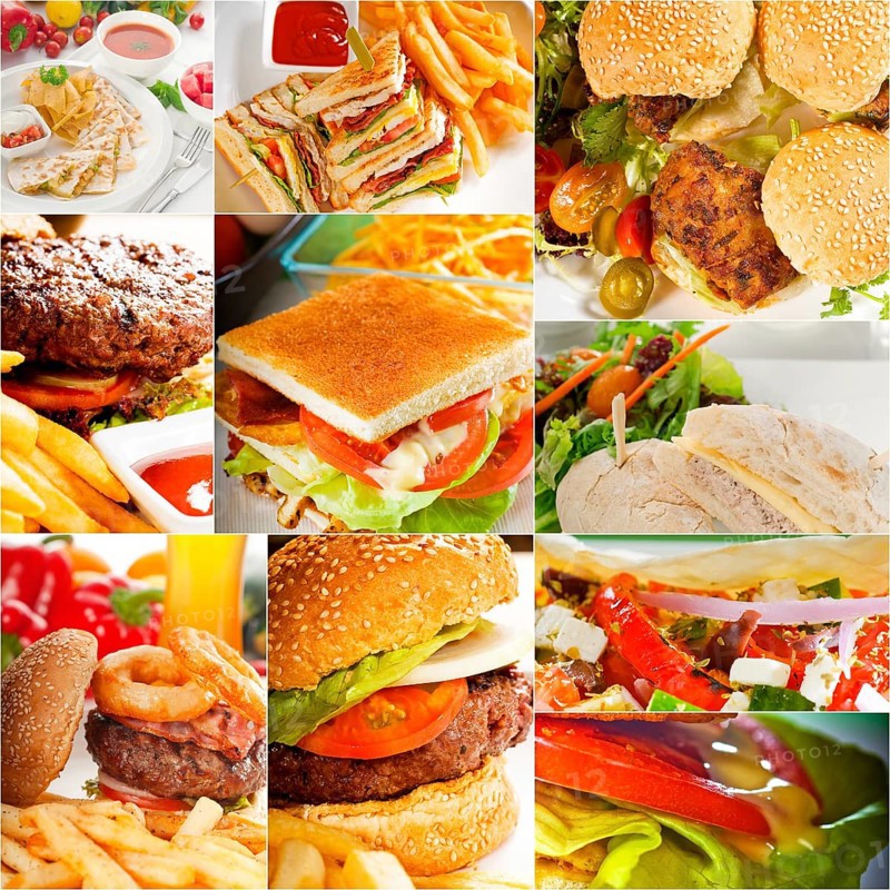 Burgers and sandwiches collection on a collage nested square canvas