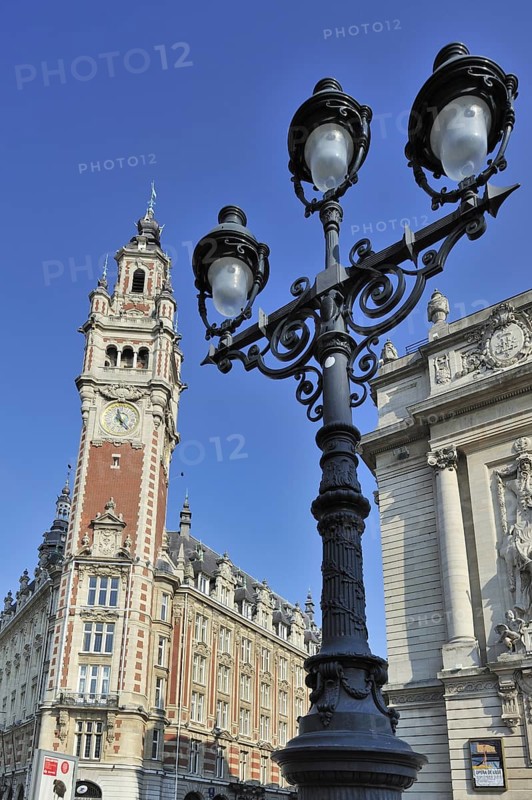 Bell tower of Chamber of Commerce and the Opera de Lille at the Place du Theatre