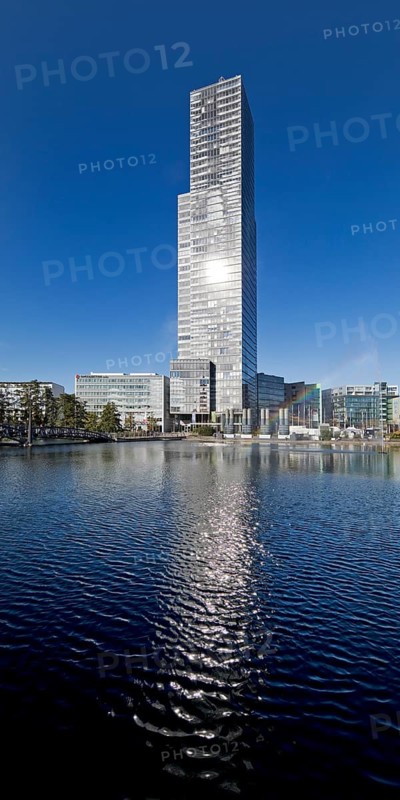 Cologne Tower reflected in the Mediapark Lake