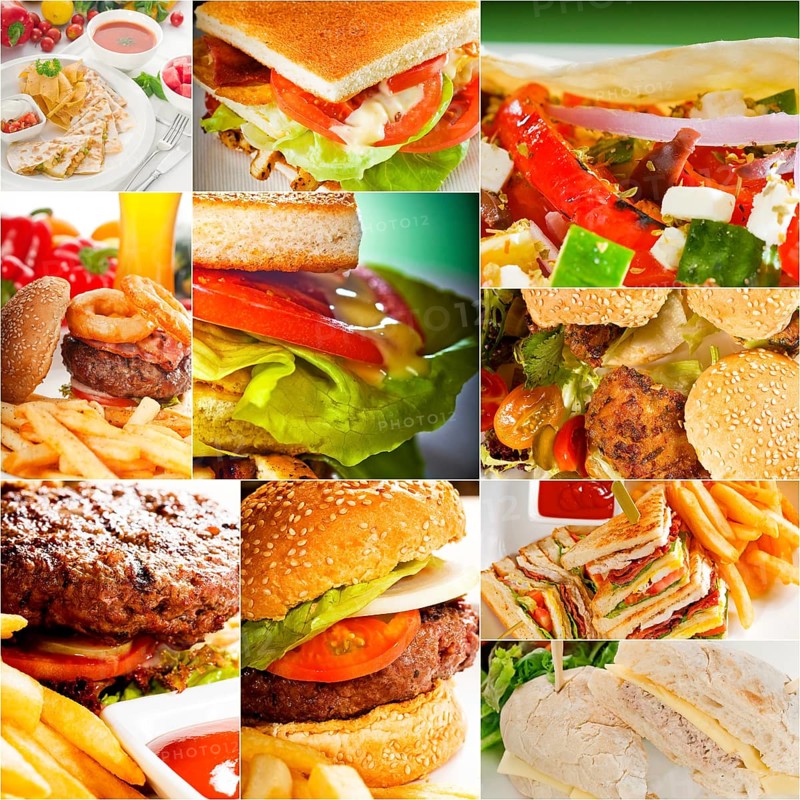 Burgers and sandwiches collection on a collage nested square canvas