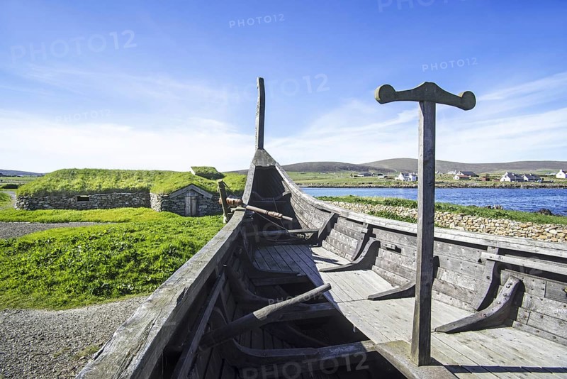 Reconstruction of Norse Viking longhouse and the Skidbladner