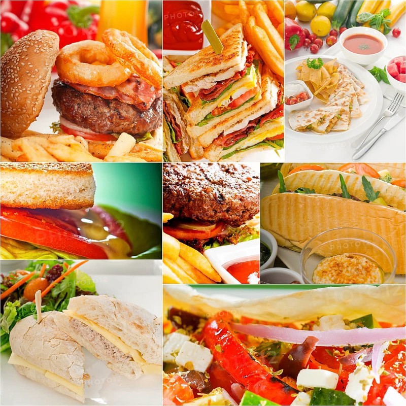 Burgers and sandwiches collection on a collage nested square canvas