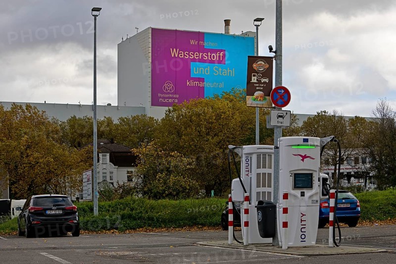 Charging station and large poster for climate steel at the ThyssenKrupp Steel Europe plant