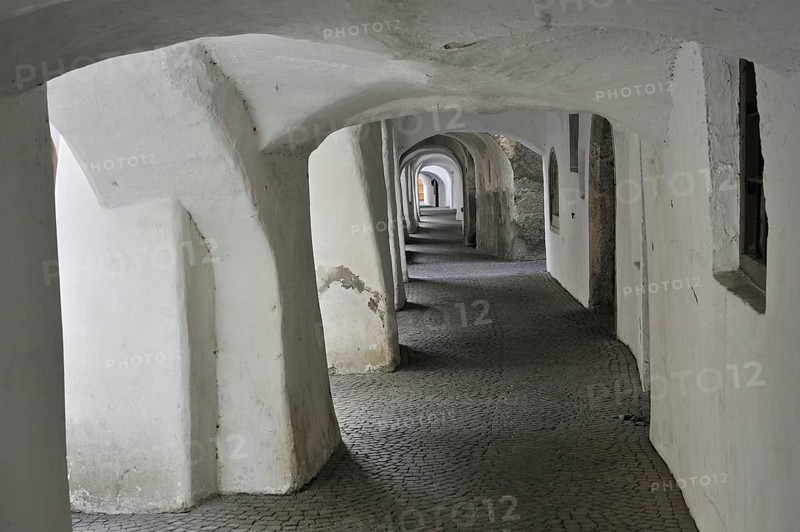 Arcade covered sidewalk pavement along the Laubengasse at Glorenza