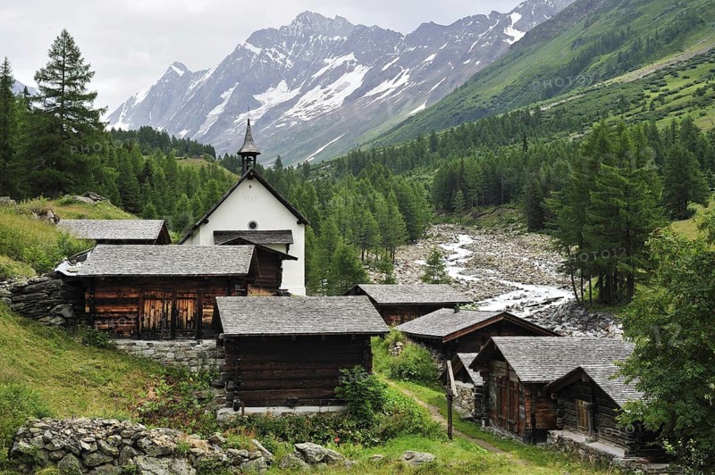 Chapel and traditional wooden chalets and granaries