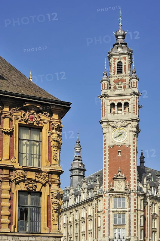 Decorated historical facade and bell tower of Chamber of Commerce at the quarter Vieux-Lille