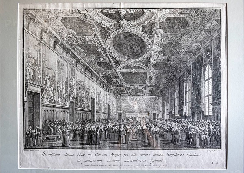 Historical illustration of the Sala Del Maggior Consiglio at the meeting of the Grand Council