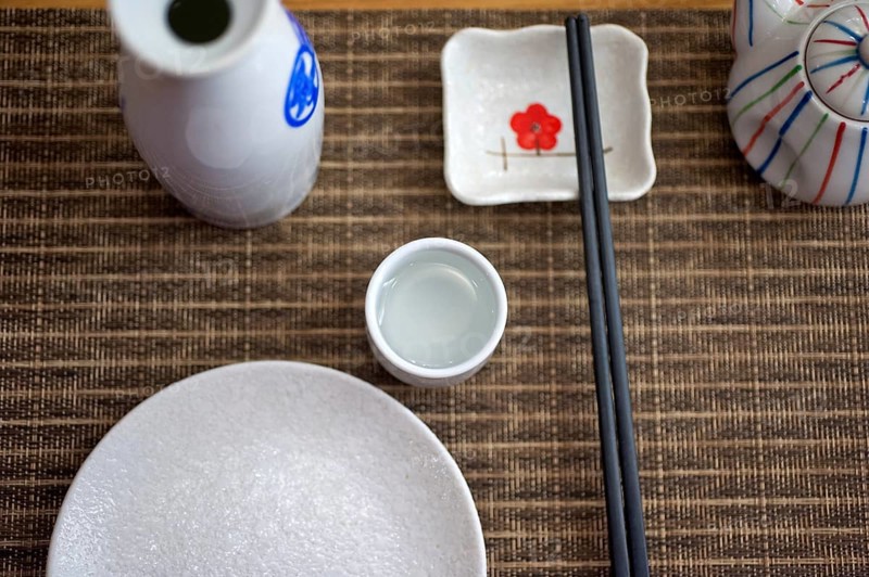 Japanese style table set and sake bottle and cup