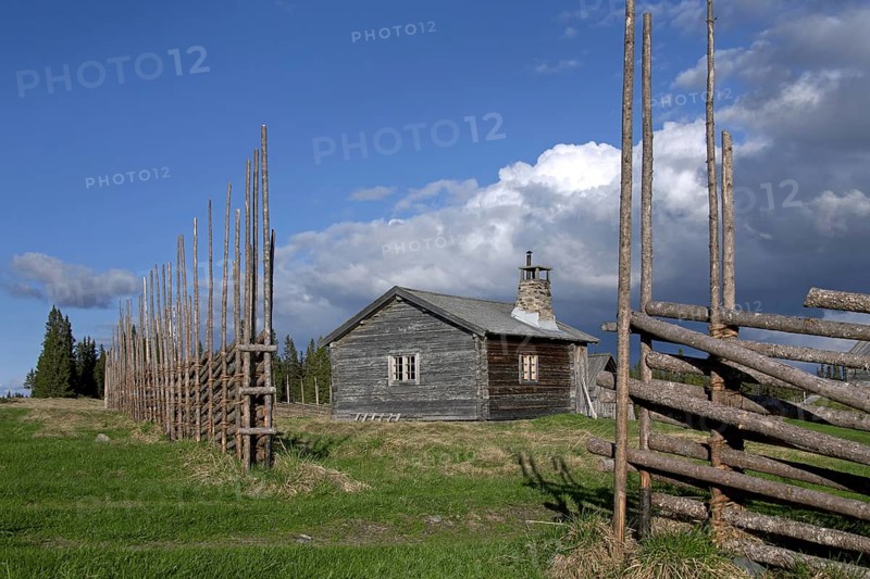 Log cabins of farm with sod roof at Jaemtland