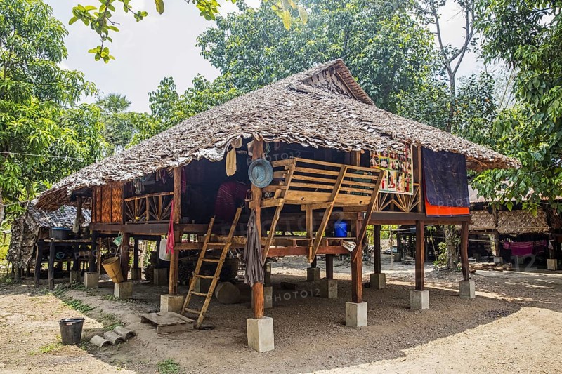 Traditional wooden house on stilts in Kayin village near Hpa-an