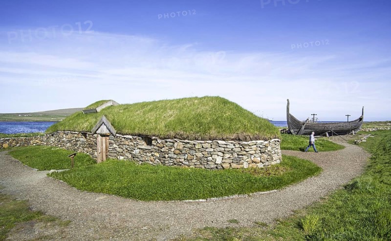 Reconstruction of Norse Viking longhouse and the Skidbladner
