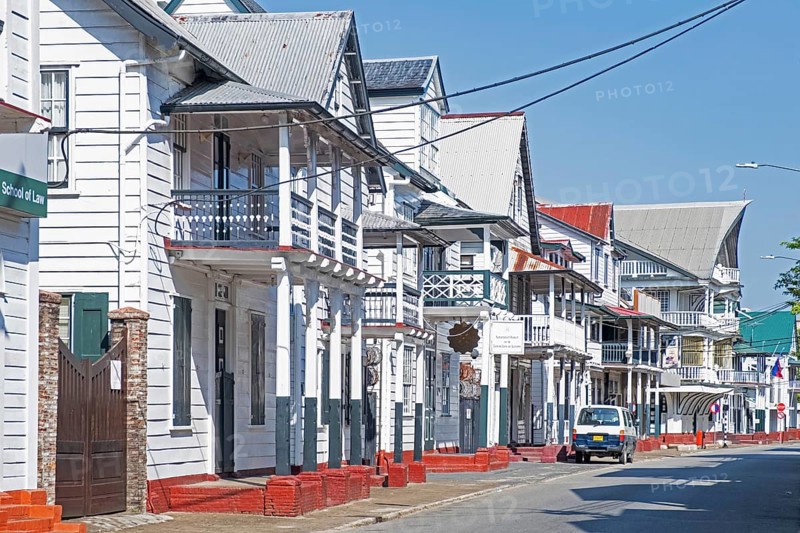 White wooden houses in Dutch colonial style in the historic inner city of Paramaribo