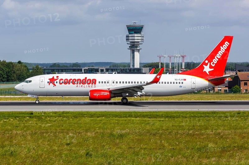 A Boeing 737-800 aircraft of Corendon Airlines with the registration TC-TJV at Brussels Airport