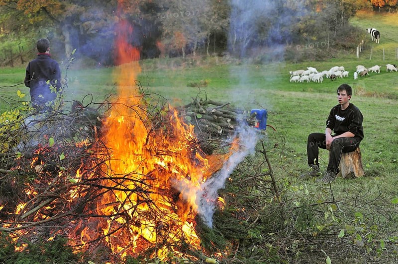 Working youngsters making huge fire by burning prunings
