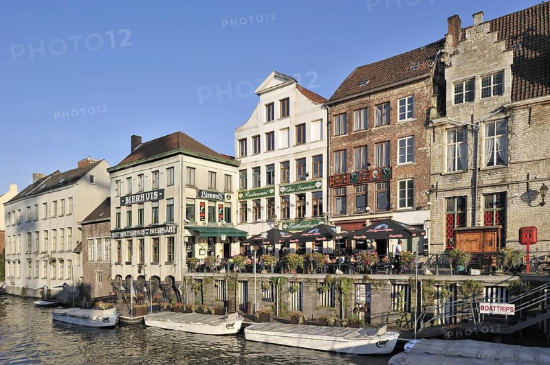 Pavement cafes along the river Lys at Ghent