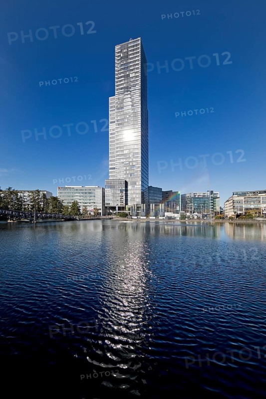 Cologne Tower reflected in the Mediapark Lake