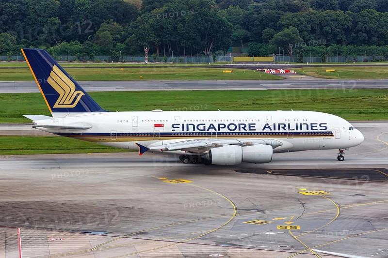 A Singapore Airlines Airbus A380-800 aircraft with the registration 9V-SKU at Changi Airport