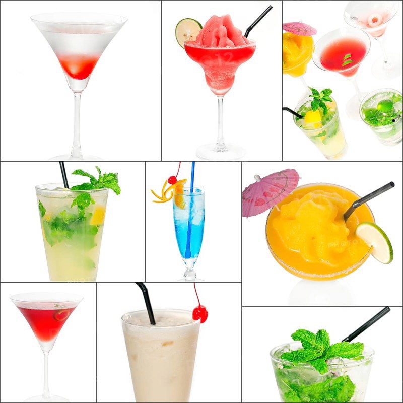 Selection of cocktails drinks collage composition nested on a square frame