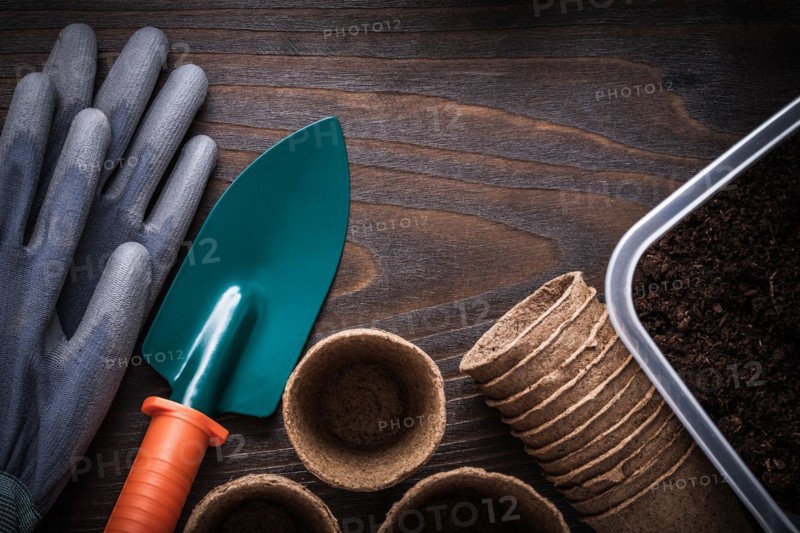 Hand shovel protection rubber gloves gardening tray with soil and peat pots on vintage wooden background agriculture concept