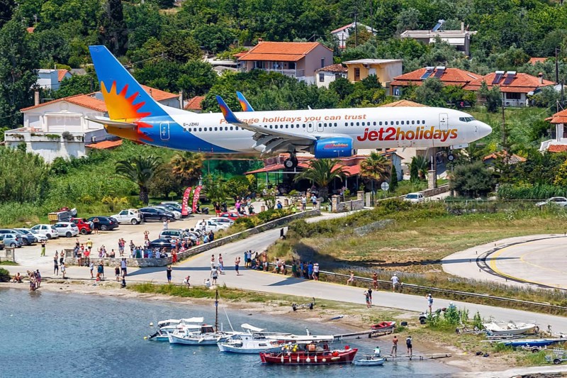 A Boeing 737-800 Jet2 aircraft with registration G-JZHU at Skiathos Airport