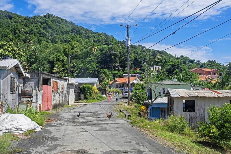 Streetscene in small rural village between Marigot Bay and Castries on the island of Saint Lucia in the Caribbean Sea