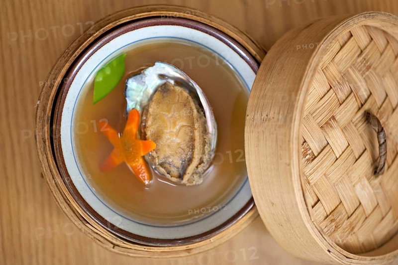 Japanese style abalone soup on bamboo bowl set holder